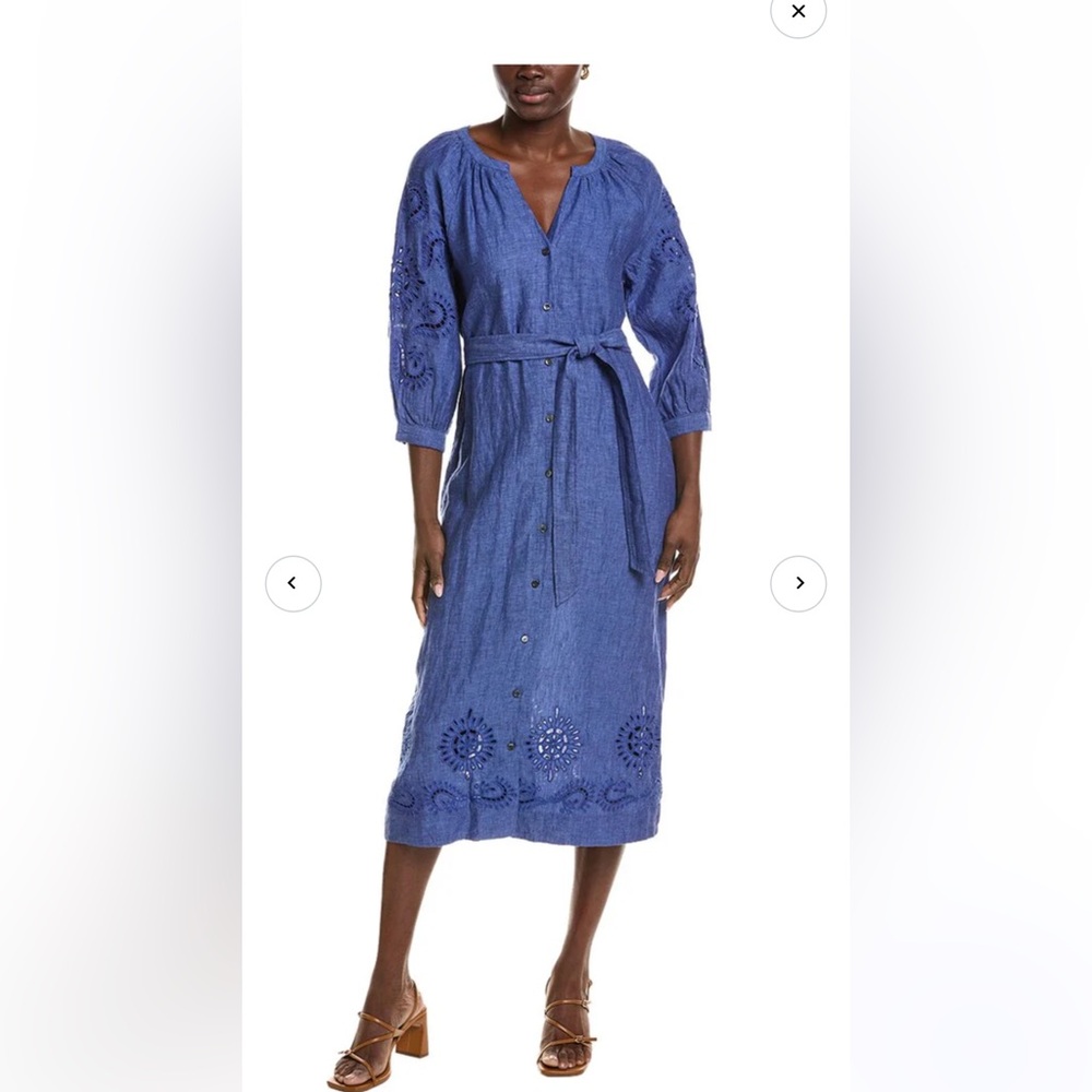 Blue Button-Front Embroidered Linen Dress